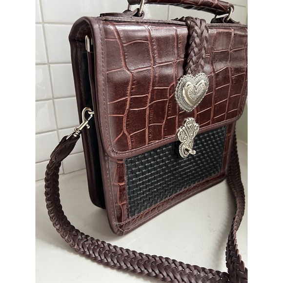 Brighton Mini Briefcase Crossbody w/ Card Slots Brown Black Silver Purse Hearts - Picture 3 of 16